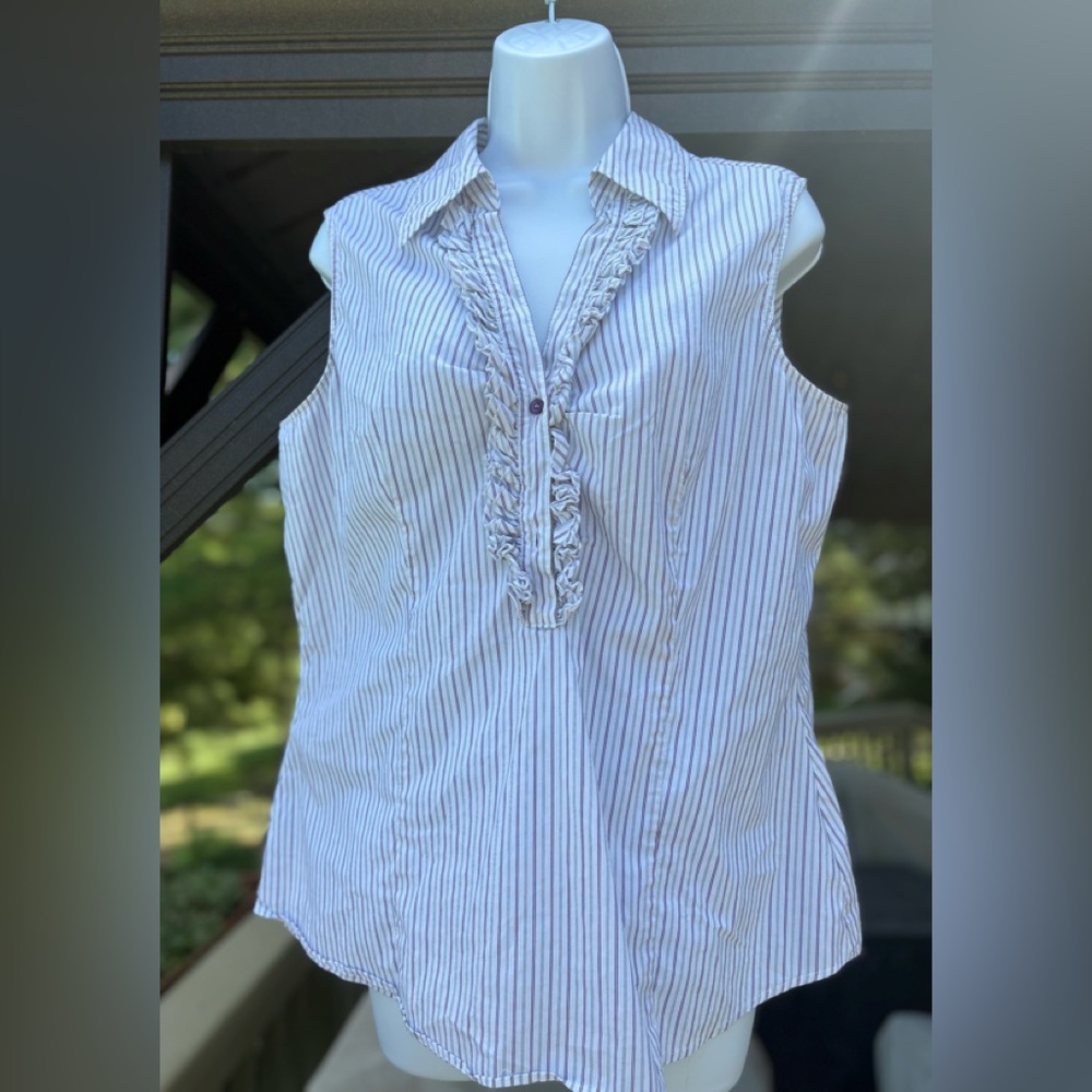 New York & Company Purple & Gray Striped Button Down Shirt & Ruffles, Size: XL